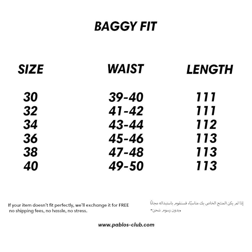My Store baggy fit dark blue jeans size chart with waist and length measurements in centimeters