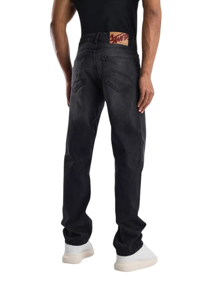My Store relaxed fit black faded jeans with a worn-in finish and wide-leg silhouette, back view on a model.