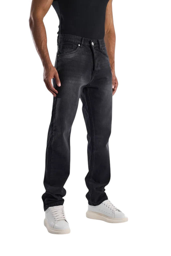 My Store relaxed fit black faded jeans with a worn-in finish and wide-leg silhouette worn by a male model