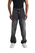 My Store dark gray washed baggy fit jeans with an ultra-wide leg silhouette worn by a model in white sneakers