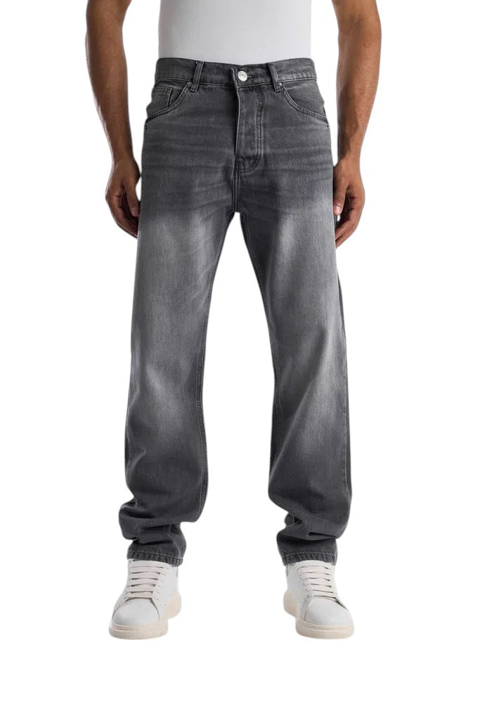 My Store dark gray stone-washed relaxed fit jeans with a wide-leg silhouette on a model