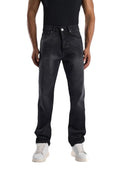 My Store relaxed fit jeans in faded black denim with a worn-in finish and wide-leg silhouette on a male model