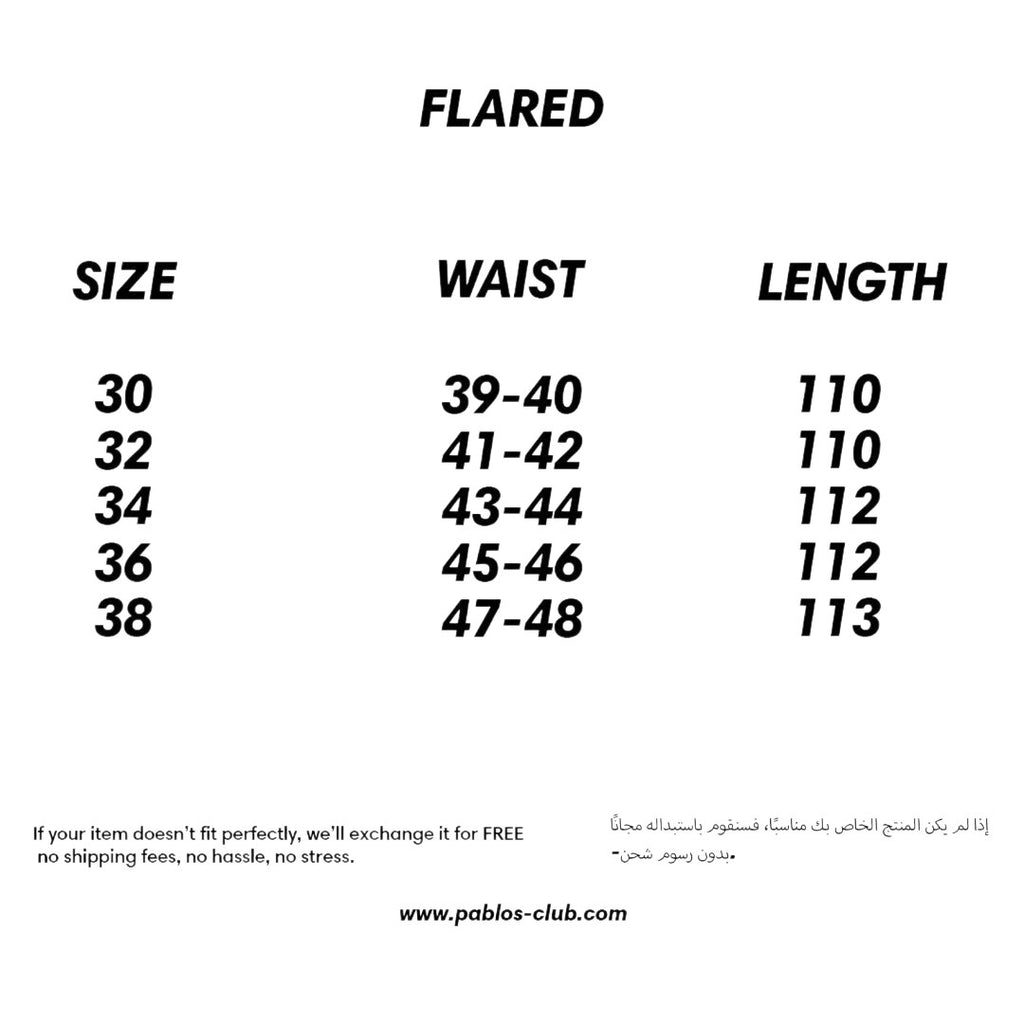 My Store size chart for flared jeans showing waist and length measurements for sizes 30 to 38 in centimeters.