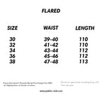 My Store size chart for flared jeans showing waist and length measurements for sizes 30 to 38 in centimeters.