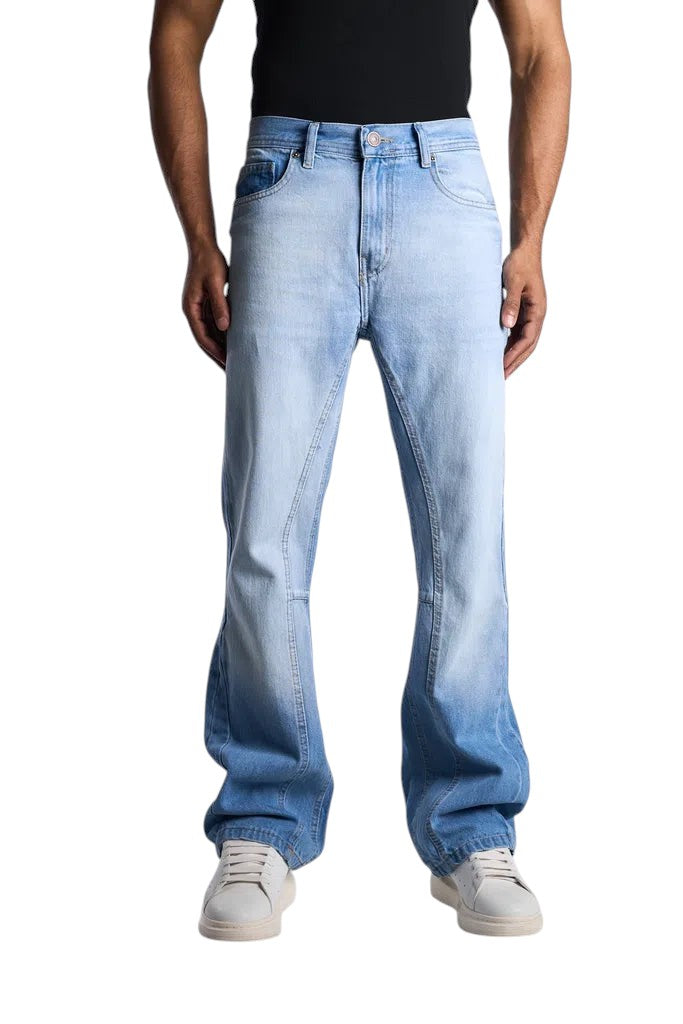 My Store light blue washed denim jeans with a flared leg fit worn by a model against a white background
