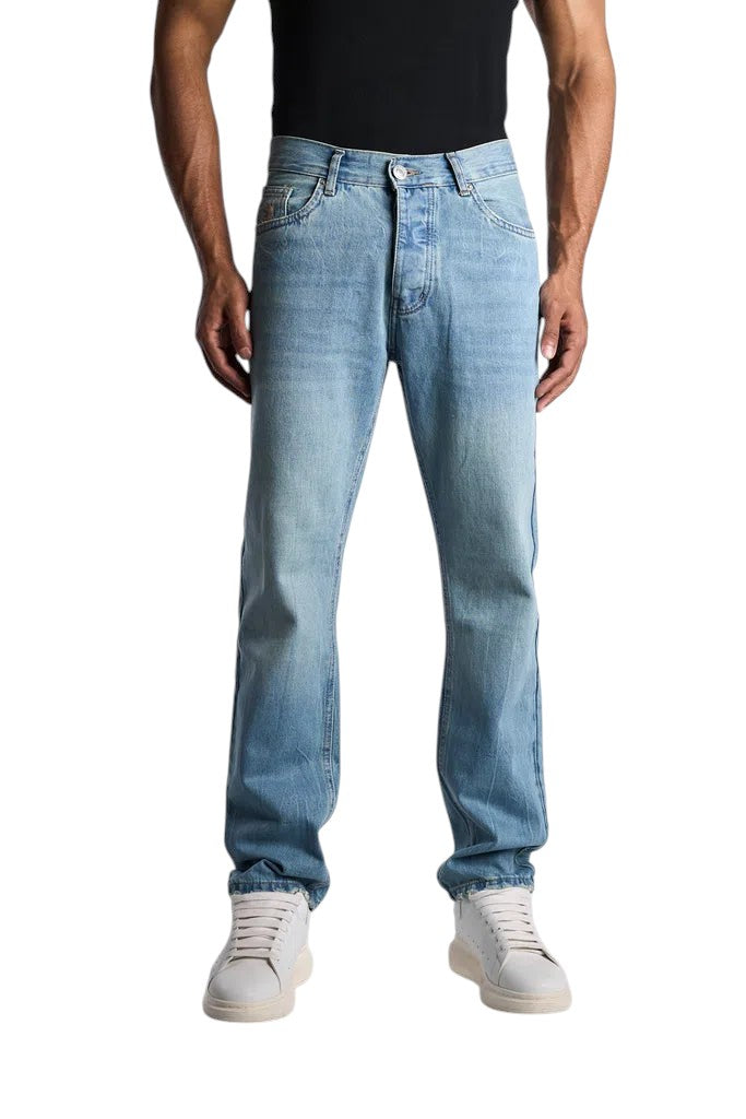 My Store relaxed fit jeans in a light sky blue washed denim worn by a model with white sneakers