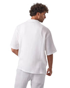 My Store white linen short set worn by a man, showing the back view of the textured short-sleeve button-up shirt.